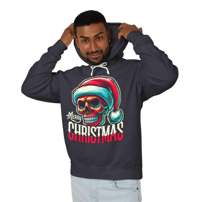 Merry Christmas Skull Hoodie – Dark Cotton Relaxed Fit Holiday Sweatshirt - Image 3