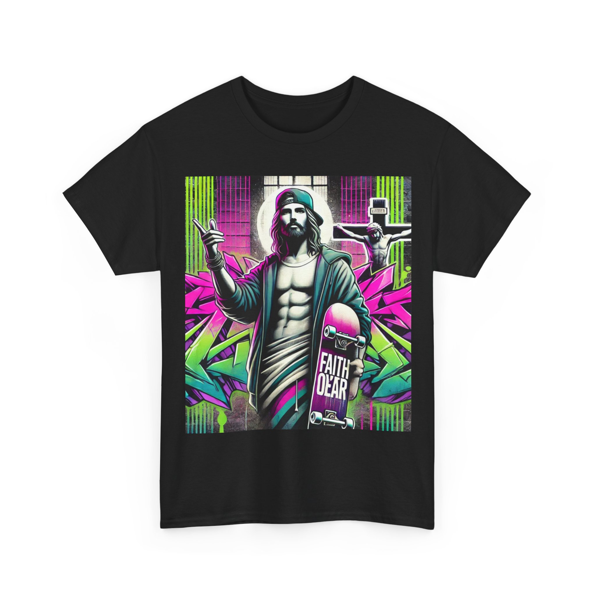 ‘Faith Over Fear’ Skateboard Jesus Graphic Tee - 100% Cotton - Image 3