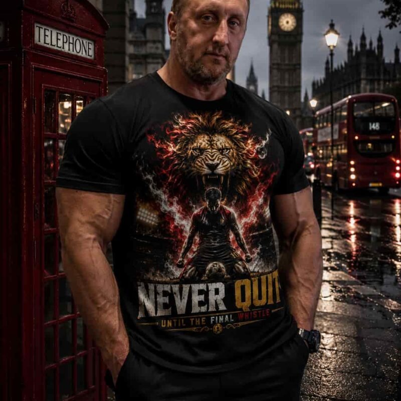 Never Quit Lion T‑Shirt — Motivational Gym Tee for Fighters & Athletes