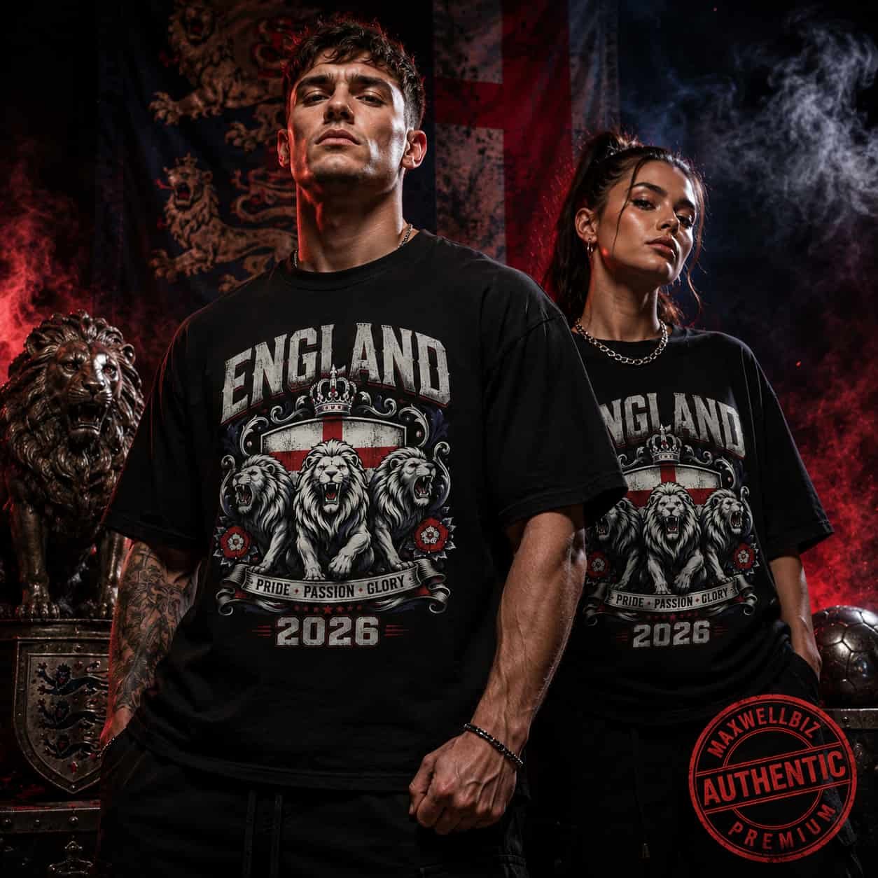 England 2026 Football Fan Tee – Pride Passion Glory Lion Crest
