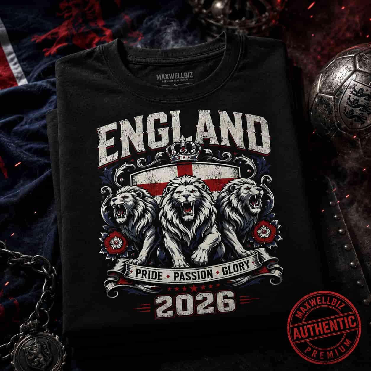 England 2026 Football Fan Tee – Pride Passion Glory Lion Crest - Image 2