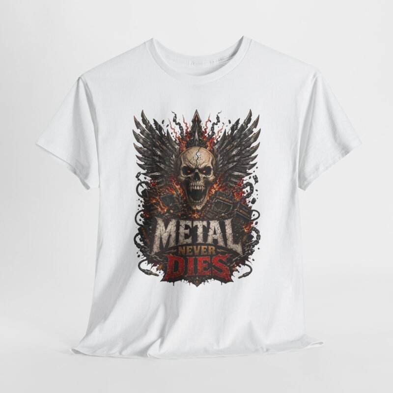 Metal Never Dies Tee — Heavy Metal Skull Wings Graphic T-Shirt