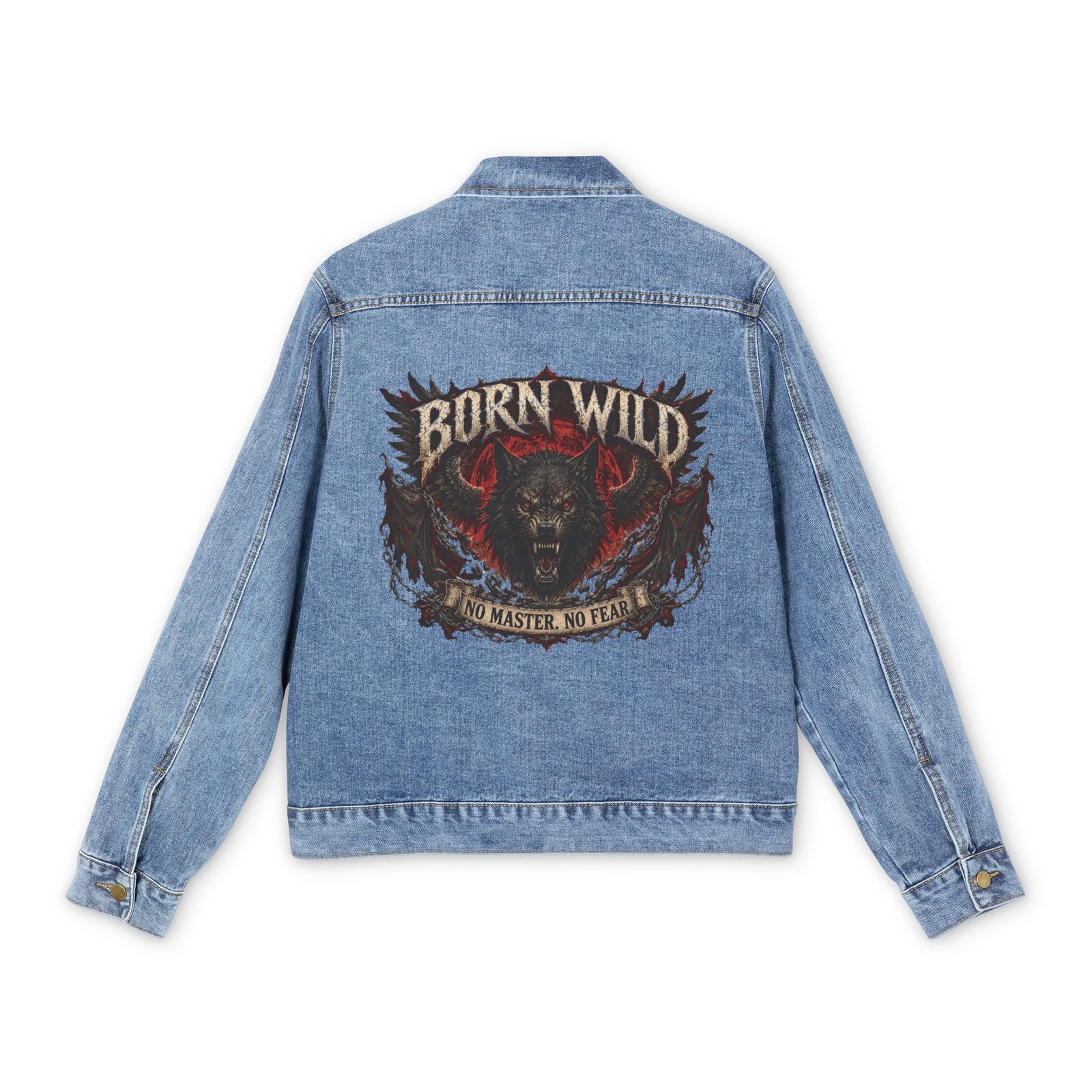 Denim Jacket — "Born Wild" Biker Graphic Back Patch, Rebel Motorcycle Style - Image 2