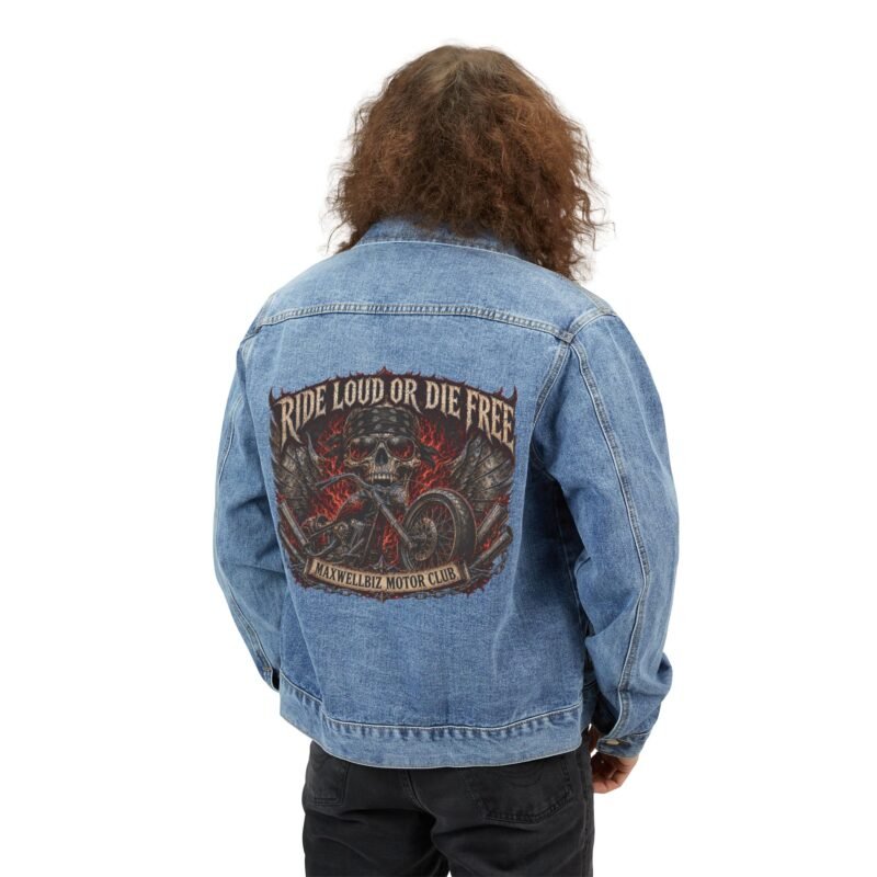 Denim Jacket — "Ride Loud or Die Free" Biker Skull Back Patch