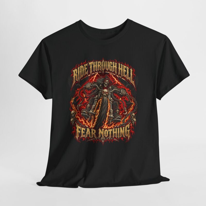 Ride Through Hell Fear Nothing T‑Shirt — Motorcycle Grim Reaper Biker Tee