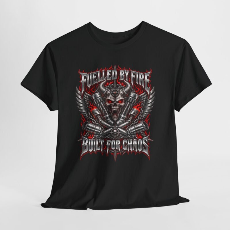 Skull & Pistons Tee — "Fuelled by Fire, Built for Chaos" Motorcycle Graphic T-Shirt
