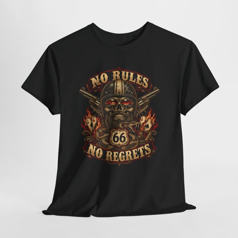 T-Shirt — 'No Rules No Regrets' Skull Motorcycle Graphic Tee