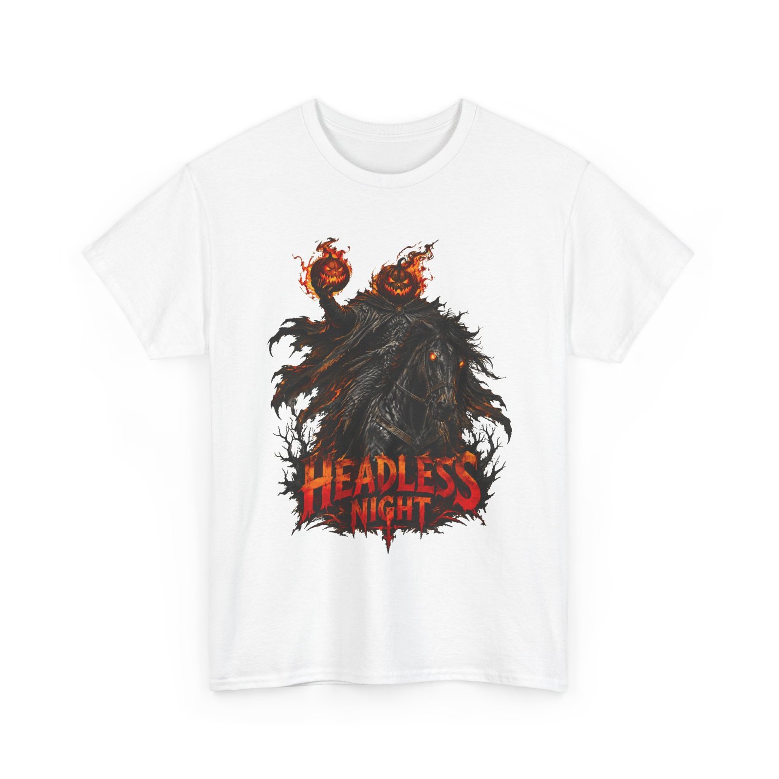 T-Shirt — Headless Night Horror Graphic Tee (Pumpkin-Head Scarecrow Halloween)