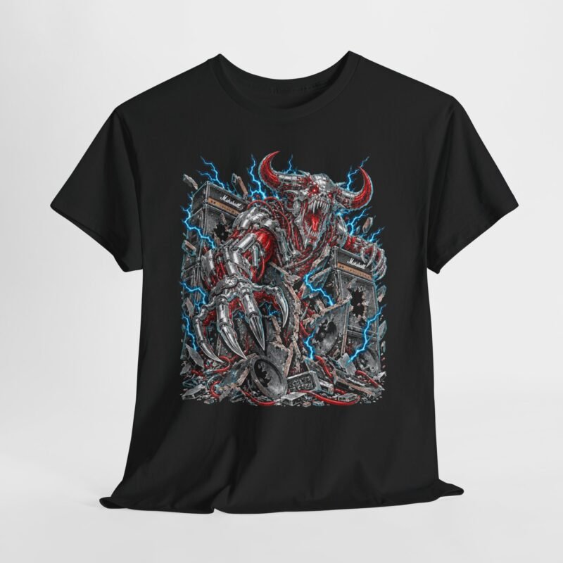 Demon Rider Graphic Tee — Red & Blue Heavy Metal Skull Design