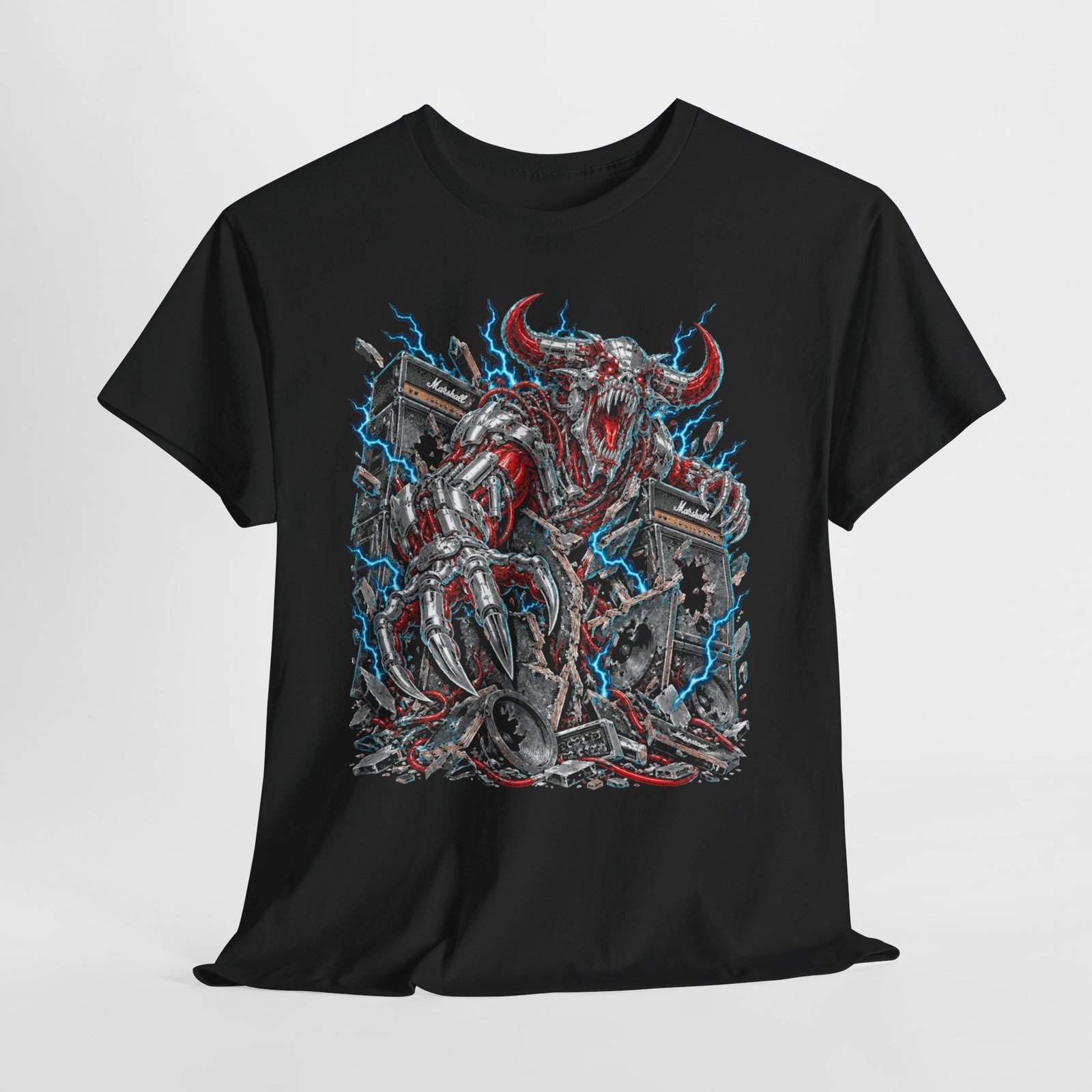 Demon Rider Graphic Tee — Red & Blue Heavy Metal Skull Design