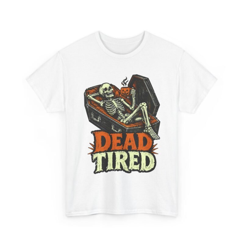 Dead Tired Skeleton Tee — Halloween Coffin Graphic T-Shirt
