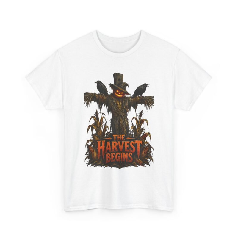 Halloween Scarecrow Tee — "The Harvest Begins" Pumpkin Scarecrow Graphic T-Shirt