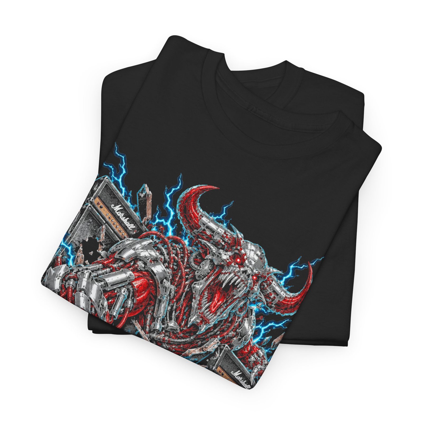 Demon Rider Graphic Tee — Red & Blue Heavy Metal Skull Design - Image 3