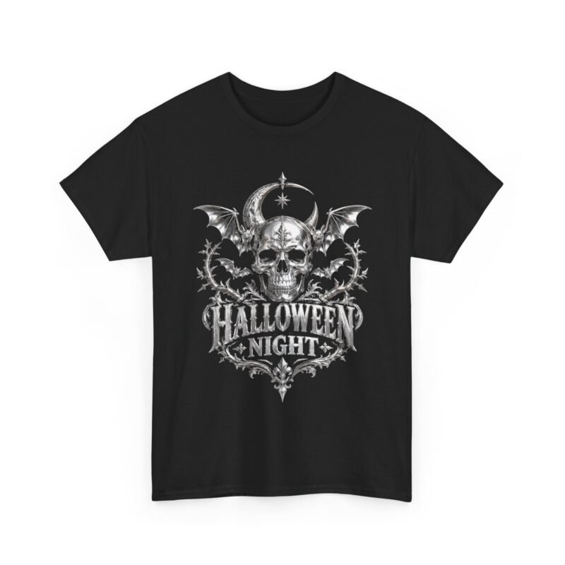 Halloween Night Skull Tee — Gothic Bat & Skull Horror Graphic Shirt