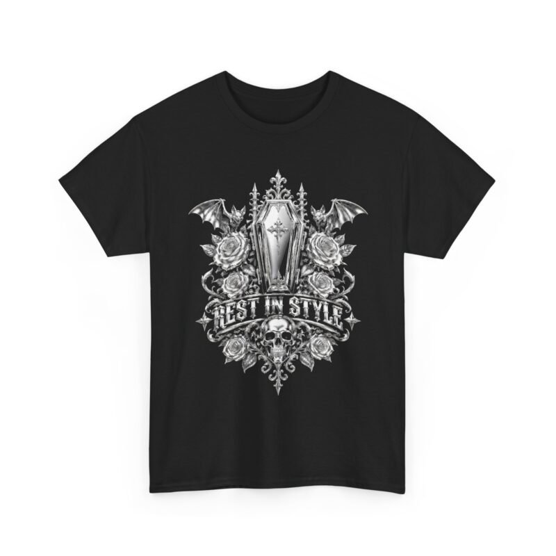 Gothic Coffin Crest Tee — 'Rest In Style' Vintage Skull & Roses Shirt