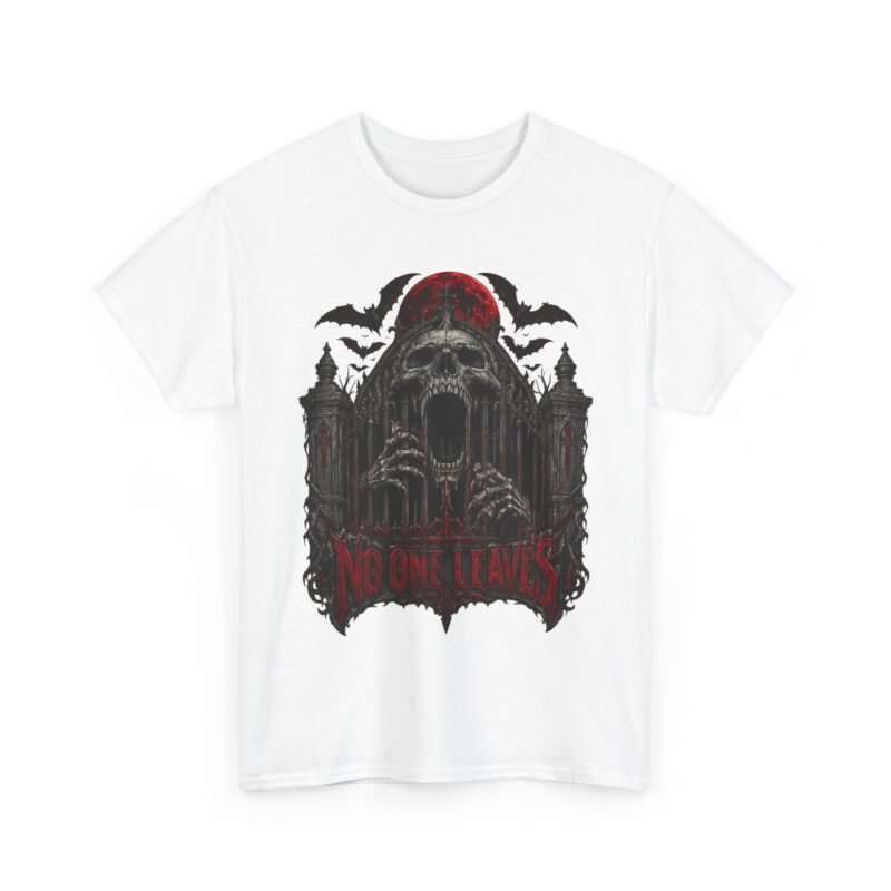 Horror Graveyard T-Shirt — 'No One Leaves' Skull Gate Gothic Tee